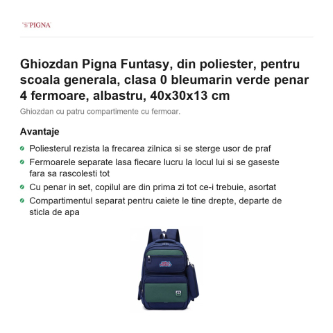 Ghiozdan Pigna Funtasy, din poliester, pentru scoala generala, clasa 0 bleumarin verde penar 4 fermoare, albastru, 40x30x13 cm [1]