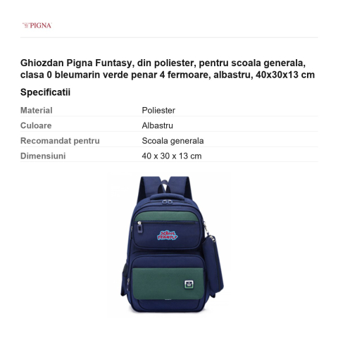 Ghiozdan Pigna Funtasy, din poliester, pentru scoala generala, clasa 0 bleumarin verde penar 4 fermoare, albastru, 40x30x13 cm [2]