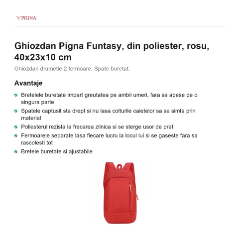 Ghiozdan Pigna Funtasy, din poliester, rosu, 40x23x10 cm [1]