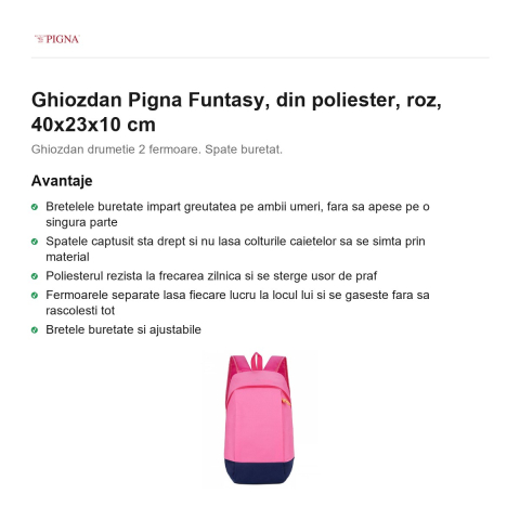 Ghiozdan Pigna Funtasy, din poliester, roz, 40x23x10 cm [1]