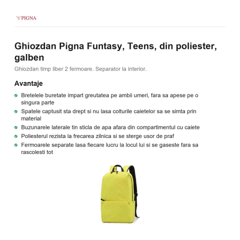 Ghiozdan Pigna Funtasy, din poliester, teens, galben [1]