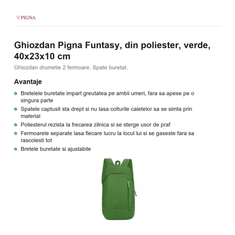 Ghiozdan Pigna Funtasy, din poliester, verde, 40x23x10 cm [1]