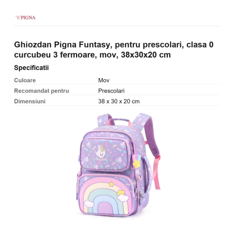 Ghiozdan Pigna Funtasy, pentru prescolari, curcubeu 3 fermoare, mov, 38x30x20 cm [2]