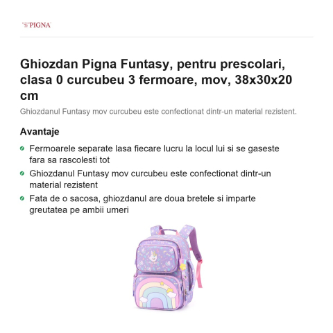 Ghiozdan Pigna Funtasy, pentru prescolari, curcubeu 3 fermoare, mov, 38x30x20 cm [1]