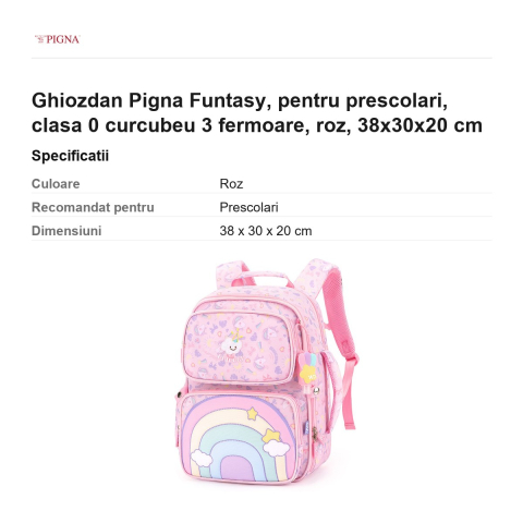 Ghiozdan Pigna Funtasy, pentru prescolari, curcubeu 3 fermoare, roz, 38x30x20 cm [2]