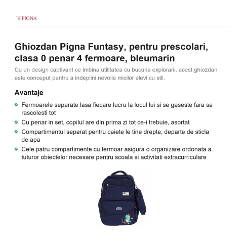 Ghiozdan Pigna Funtasy, pentru prescolari, penar 4 fermoare, bleumarin [1]