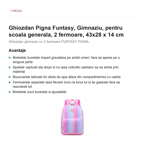 Ghiozdan Pigna Funtasy, pentru scoala generala, 2 fermoare, 43x28 x 14 cm [1]