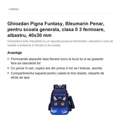 Ghiozdan Pigna Funtasy, pentru scoala generala, clasa 0 bleumarin penar 3 fermoare, albastru, 40x30 mm [1]