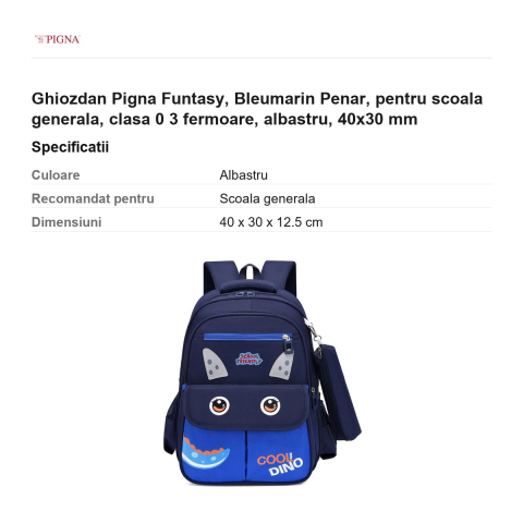 Ghiozdan Pigna Funtasy, pentru scoala generala, clasa 0 bleumarin penar 3 fermoare, albastru, 40x30 mm [2]