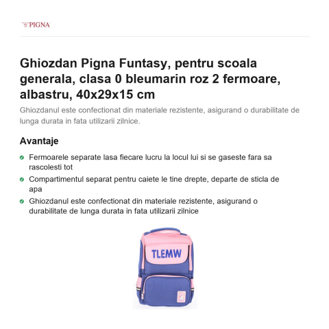 Ghiozdan Pigna Funtasy, pentru scoala generala, clasa 0 bleumarin roz 2 fermoare, albastru, 40x29x15 cm [1]