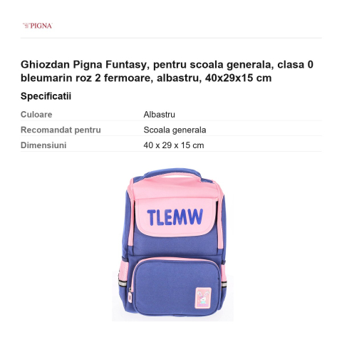 Ghiozdan Pigna Funtasy, pentru scoala generala, clasa 0 bleumarin roz 2 fermoare, albastru, 40x29x15 cm [2]