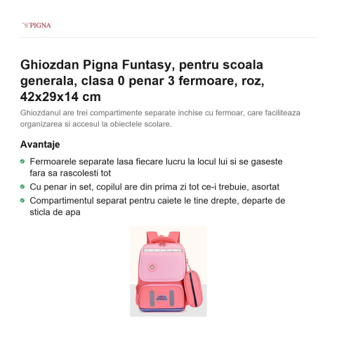 Ghiozdan Pigna Funtasy, pentru scoala generala, clasa 0 penar 3 fermoare, roz, 42x29x14 cm [1]