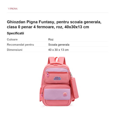 Ghiozdan Pigna Funtasy, pentru scoala generala, clasa 0 penar 4 fermoare, roz, 40x30x13 cm [2]