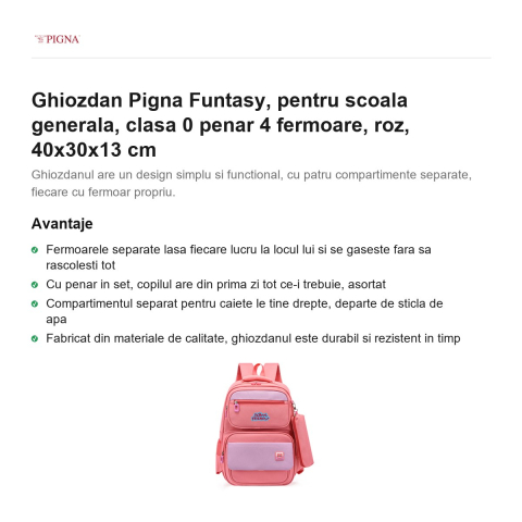 Ghiozdan Pigna Funtasy, pentru scoala generala, clasa 0 penar 4 fermoare, roz, 40x30x13 cm [1]