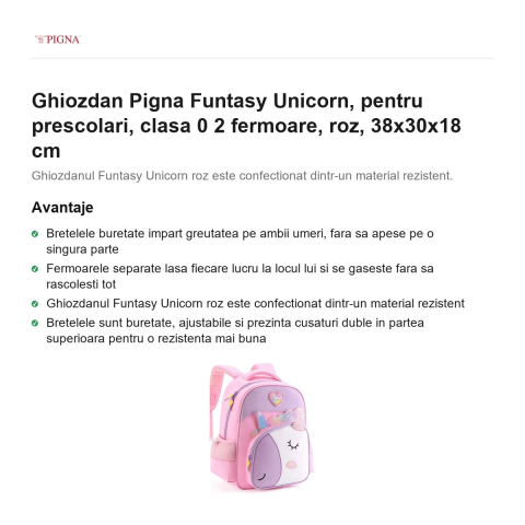 Ghiozdan Pigna Funtasy Unicorn, pentru prescolari, 2 fermoare, roz, 38x30x18 cm [1]