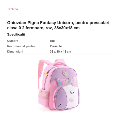 Ghiozdan Pigna Funtasy Unicorn, pentru prescolari, 2 fermoare, roz, 38x30x18 cm [2]