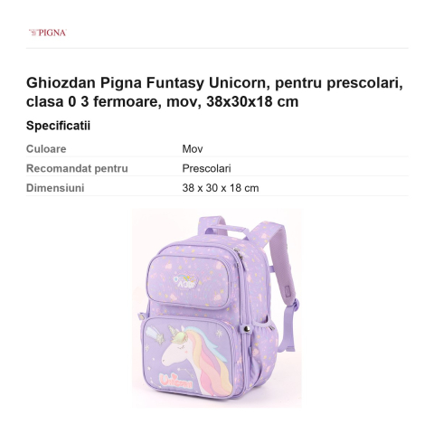 Ghiozdan Pigna Funtasy Unicorn, pentru prescolari, 3 fermoare, mov, 38x30x18 cm [2]