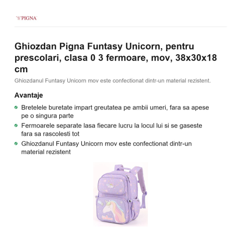 Ghiozdan Pigna Funtasy Unicorn, pentru prescolari, 3 fermoare, mov, 38x30x18 cm [1]