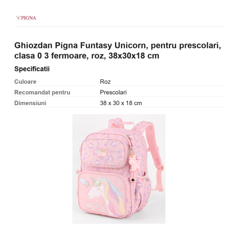 Ghiozdan Pigna Funtasy Unicorn, pentru prescolari, 3 fermoare, roz, 38x30x18 cm [2]
