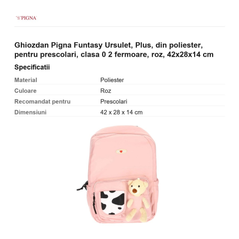 Ghiozdan Pigna Funtasy Ursulet, din poliester, pentru prescolari, plus 2 fermoare, roz, 42x28x14 cm [2]