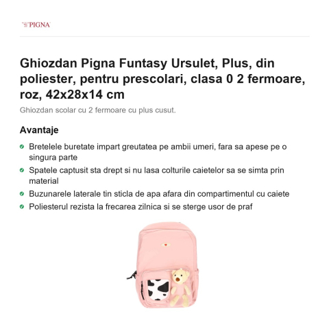 Ghiozdan Pigna Funtasy Ursulet, din poliester, pentru prescolari, plus 2 fermoare, roz, 42x28x14 cm [1]
