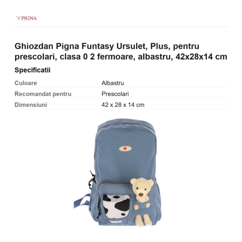 Ghiozdan Pigna Funtasy Ursulet, pentru prescolari, plus 2 fermoare, albastru, 42x28x14 cm [2]