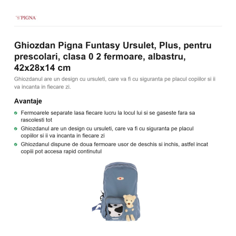 Ghiozdan Pigna Funtasy Ursulet, pentru prescolari, plus 2 fermoare, albastru, 42x28x14 cm [1]