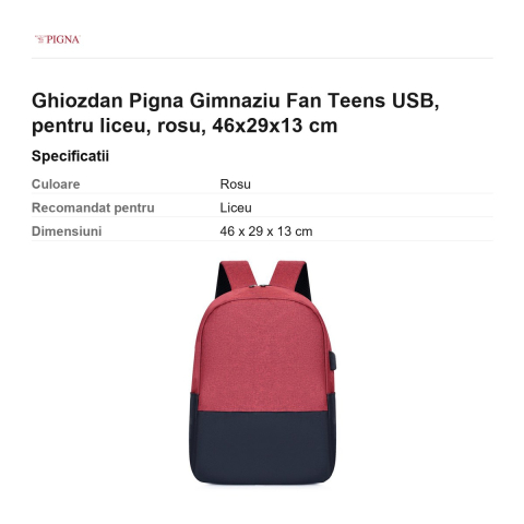 Ghiozdan Pigna Gimnaziu Fan Teens USB, pentru liceu, rosu, 46x29x13 cm [2]