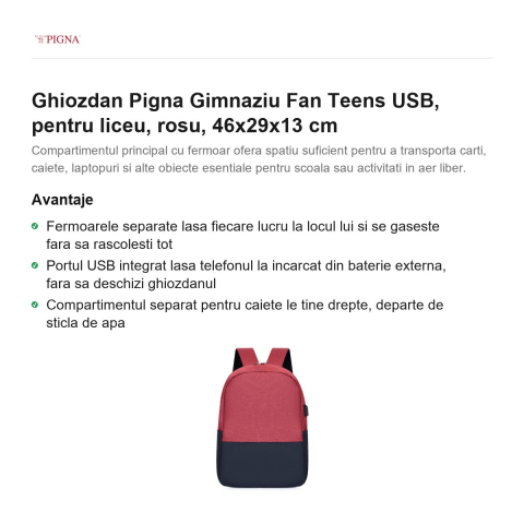 Ghiozdan Pigna Gimnaziu Fan Teens USB, pentru liceu, rosu, 46x29x13 cm [1]