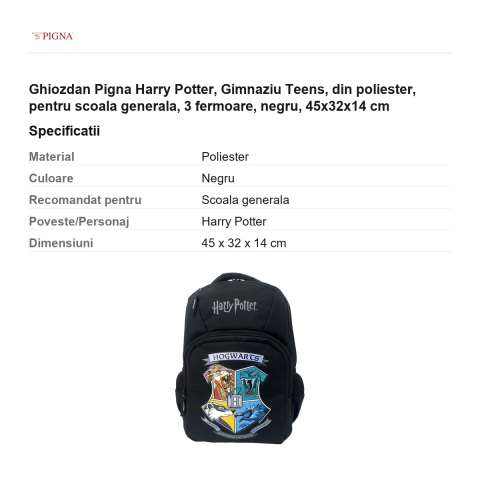 Ghiozdan Pigna Harry Potter, din poliester, pentru scoala generala, teens 3 fermoare, negru, 45x32x14 cm [2]