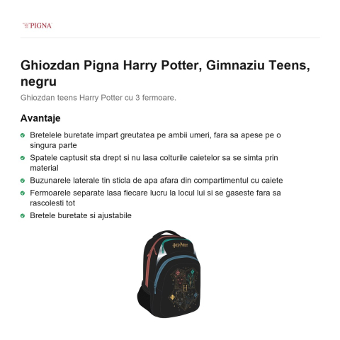 Ghiozdan Pigna Harry Potter, gimnaziu teens, negru [1]