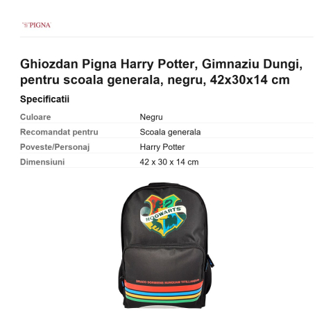 Ghiozdan Pigna Harry Potter, pentru scoala generala, dungi, negru, 42x30x14 cm [2]