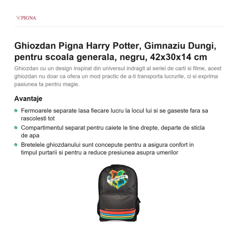 Ghiozdan Pigna Harry Potter, pentru scoala generala, dungi, negru, 42x30x14 cm [1]