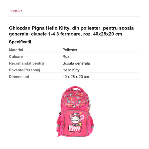 Ghiozdan Pigna Hello Kitty, din poliester, pentru scoala generala, 3 fermoare, roz, 40x28x20 cm [2]