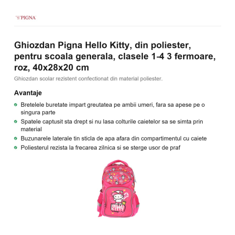 Ghiozdan Pigna Hello Kitty, din poliester, pentru scoala generala, 3 fermoare, roz, 40x28x20 cm [1]