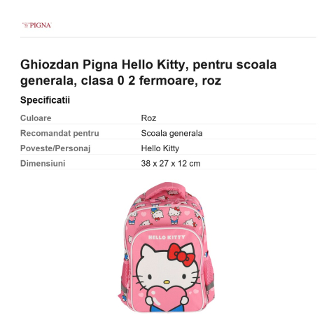 Ghiozdan Pigna Hello Kitty, pentru scoala generala, clasa 0 2 fermoare, roz [2]