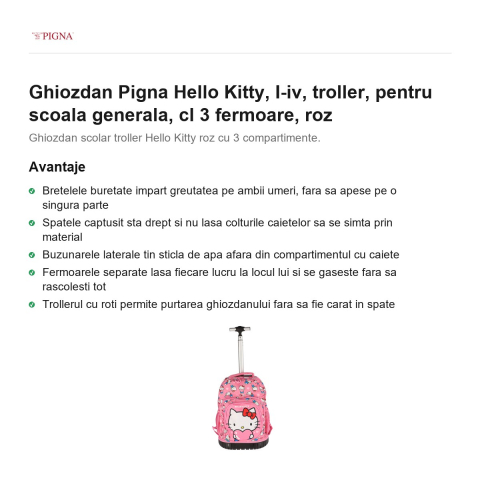 Ghiozdan Pigna Hello Kitty, troller, pentru scoala generala, cl I-IV 3 fermoare, roz [1]