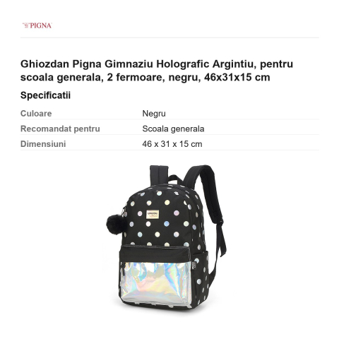 Ghiozdan Pigna Holografic Argintiu, pentru scoala generala, 2 fermoare, negru, 46x31x15 cm [2]