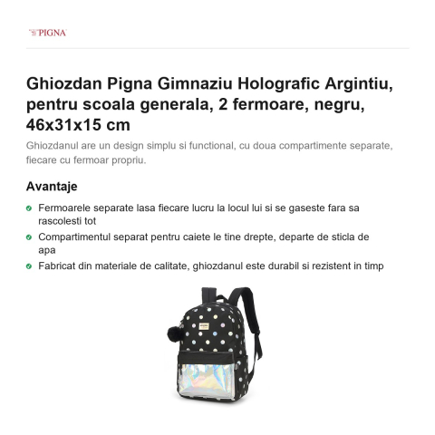 Ghiozdan Pigna Holografic Argintiu, pentru scoala generala, 2 fermoare, negru, 46x31x15 cm [1]