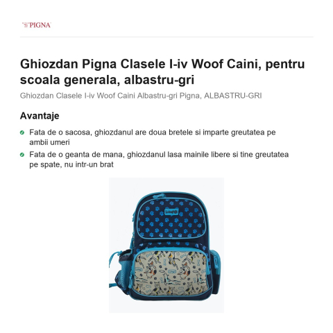 Ghiozdan Pigna I-IV Woof Caini, pentru scoala generala, albastru-gri [1]