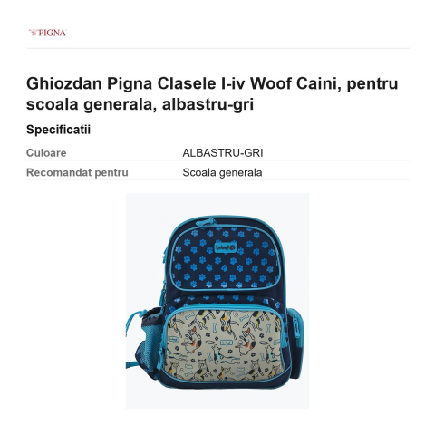Ghiozdan Pigna I-IV Woof Caini, pentru scoala generala, albastru-gri [2]
