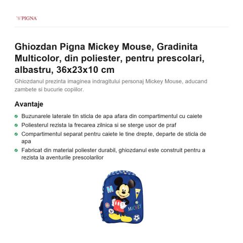 Ghiozdan Pigna Mickey Mouse, din poliester, pentru prescolari, multicolor, albastru, 36x23x10 cm [1]