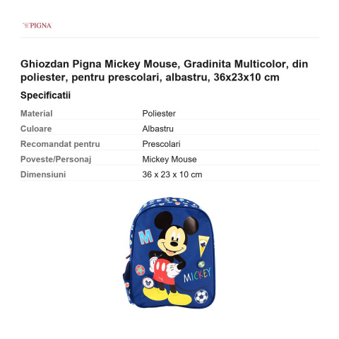 Ghiozdan Pigna Mickey Mouse, din poliester, pentru prescolari, multicolor, albastru, 36x23x10 cm [2]