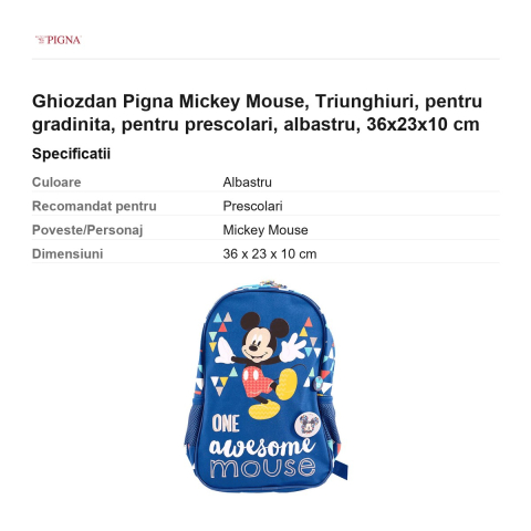 Ghiozdan Pigna Mickey Mouse, pentru gradinita, triunghiuri, albastru, 36x23x10 cm [2]