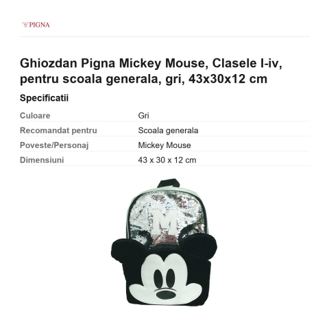Ghiozdan Pigna Mickey Mouse, pentru scoala generala, I-IV, gri, 43x30x12 cm [2]