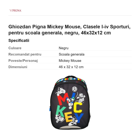 Ghiozdan Pigna Mickey Mouse, pentru scoala generala, I-IV sporturi, negru, 46x32x12 cm [2]