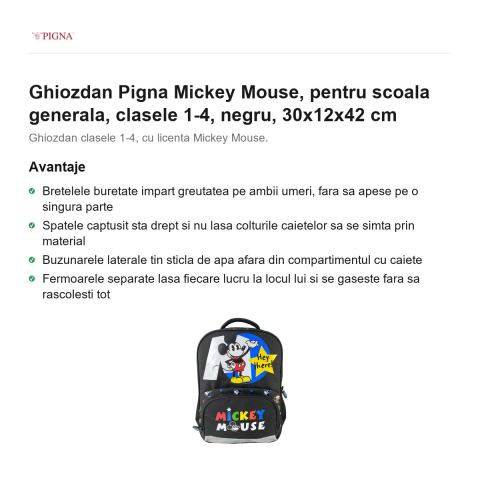 Ghiozdan Pigna Mickey Mouse, pentru scoala generala, negru, 30x12x42 cm [1]