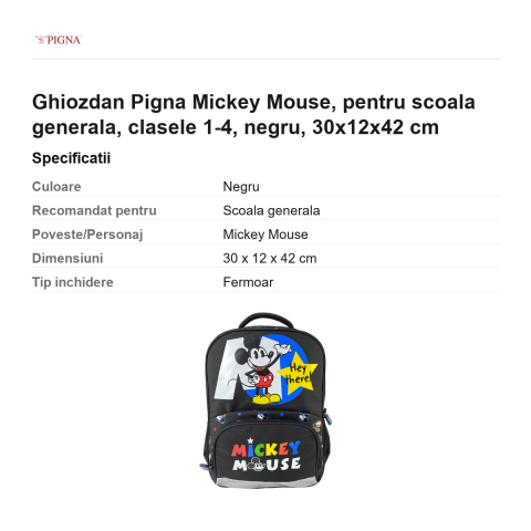 Ghiozdan Pigna Mickey Mouse, pentru scoala generala, negru, 30x12x42 cm [2]