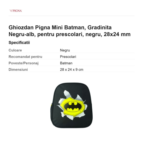 Ghiozdan Pigna Mini Batman, pentru prescolari, negru-alb, negru, 28x24 mm [2]