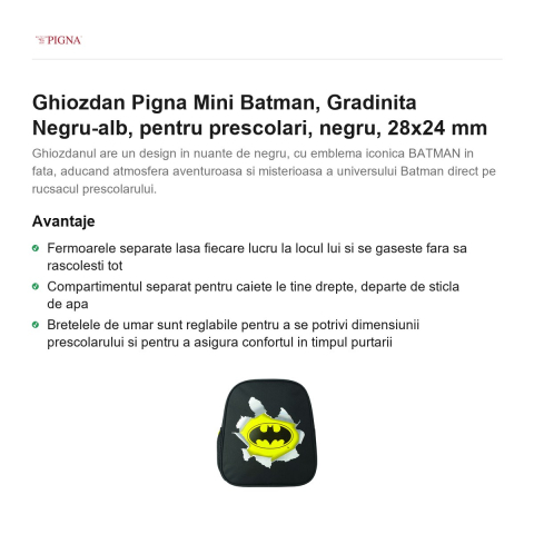 Ghiozdan Pigna Mini Batman, pentru prescolari, negru-alb, negru, 28x24 mm [1]